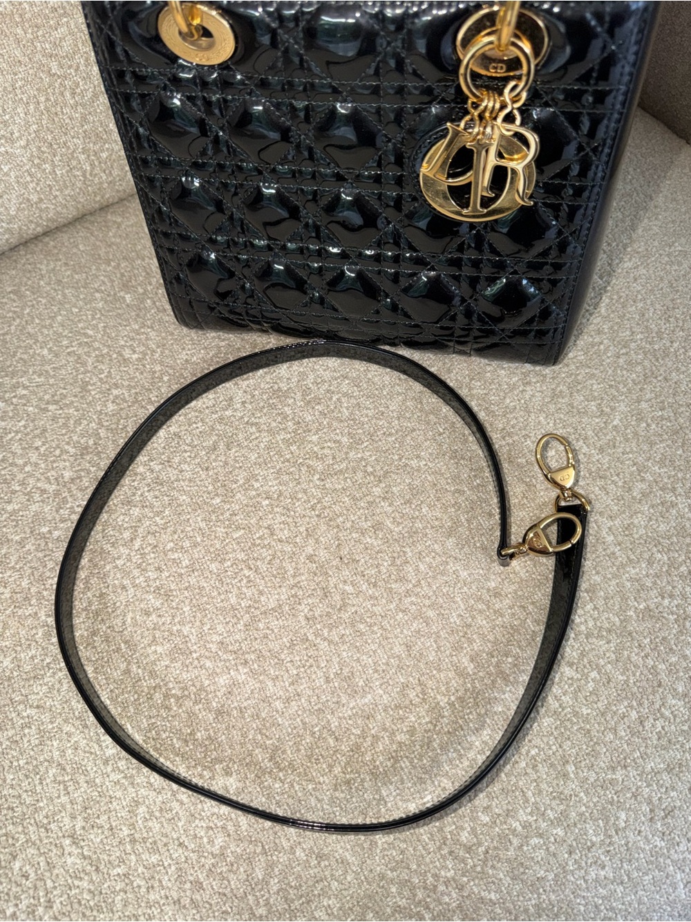Dior Lady Dior Medium Black Patent Cannage Gold Hardware with Strap - Picture 13 of 13
